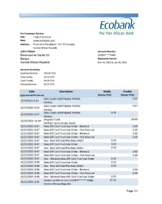 Download Central African Republic Ecobank bank statement  (AutoSum) excel Photoshop template